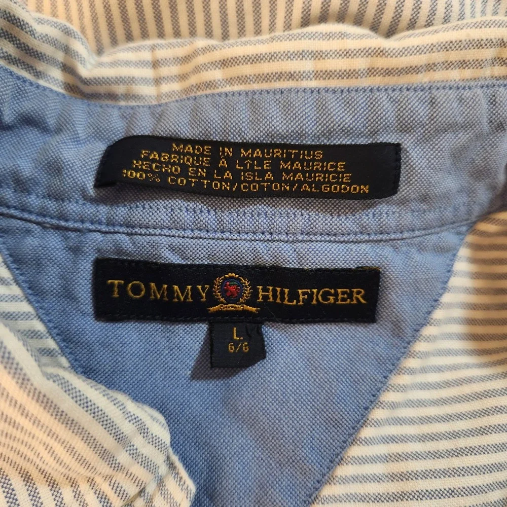 Tommy Hilfiger Men's Blue White Striped Button Down Shirt‎ L Vintage  Y2K - Picture 6 of 8